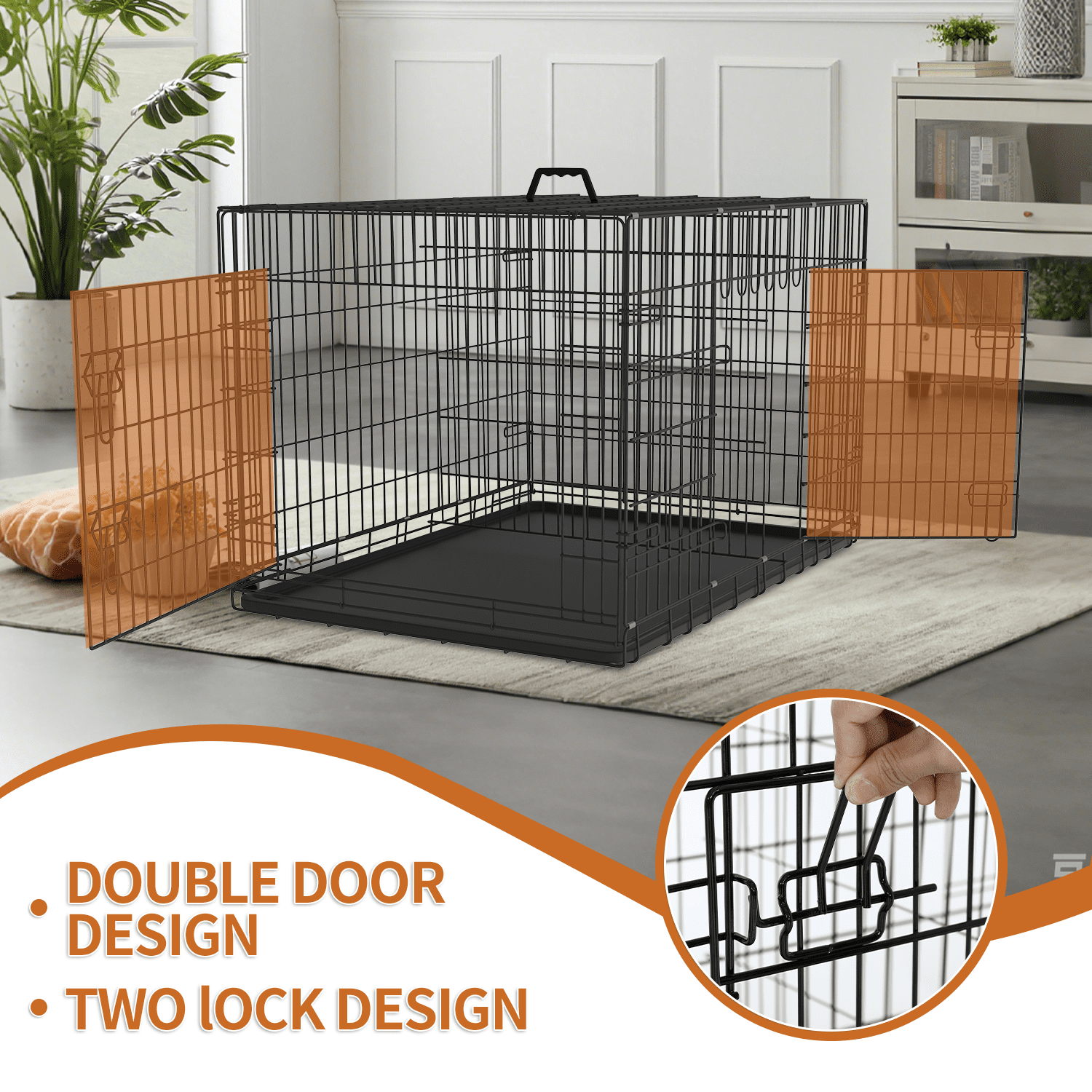 Dkelincs 48 inch Large Dog Crate Portable Foldable Dog Cage with 2 Doors, Handle, Plastic Tray, XXL Dog Kennel for Medium Large Puppy, Black