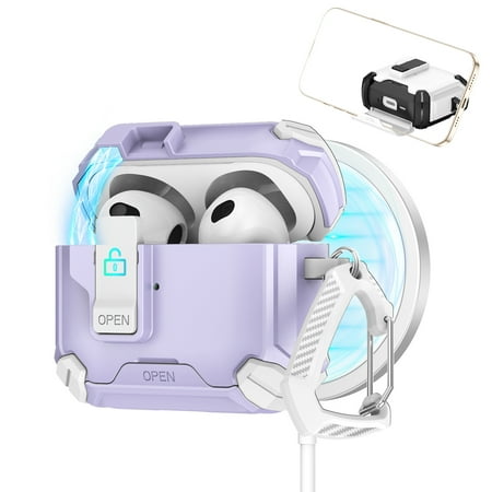 Dteck Case for Apple AirPods Pro 2 Charing Case Full Body Shockproof Hard Shell Protection Design with Secure Lock Clip & Phone Stand Compatible with AirPods Pro 2nd Gen 2022 Purple White