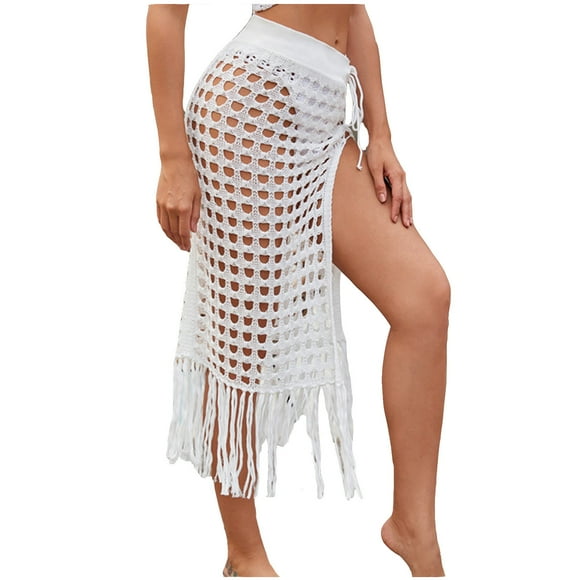 Ersazi Boho Dress In Clearance Women Solid Swimsuit Bohemian Hollow Weave Tassels Cover Up Bikini Swimwear Beach Cover-Ups Wrap Skirt White Summer Dress White L