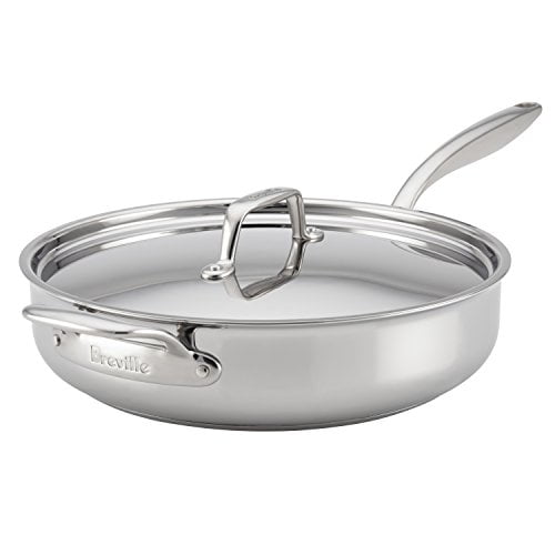 Breville clad Stainless Steel Saute Pan Frying Pan Fry Pan with Lid and Helper Handle - 5 Quart, Silver