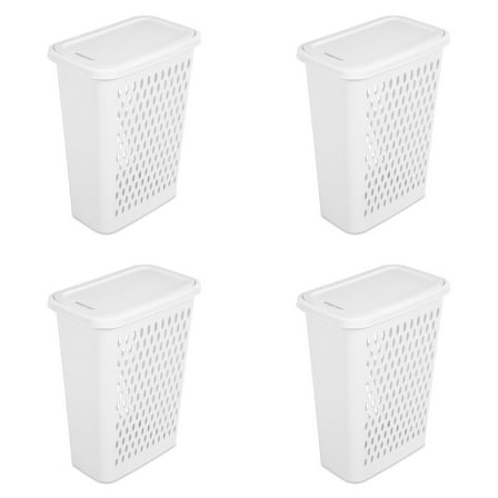 Sterilite Large Slim Laundry Hamper, Plastic, Lift-top Lid and Integrated Handles, White, 4 Pack