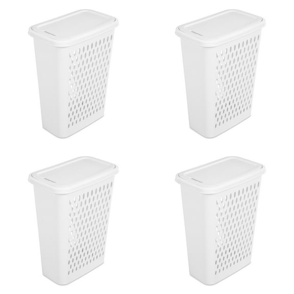 Sterilite Large Slim Laundry Hamper, Plastic, Lift-top Lid and Integrated Handles, White, 4 Pack