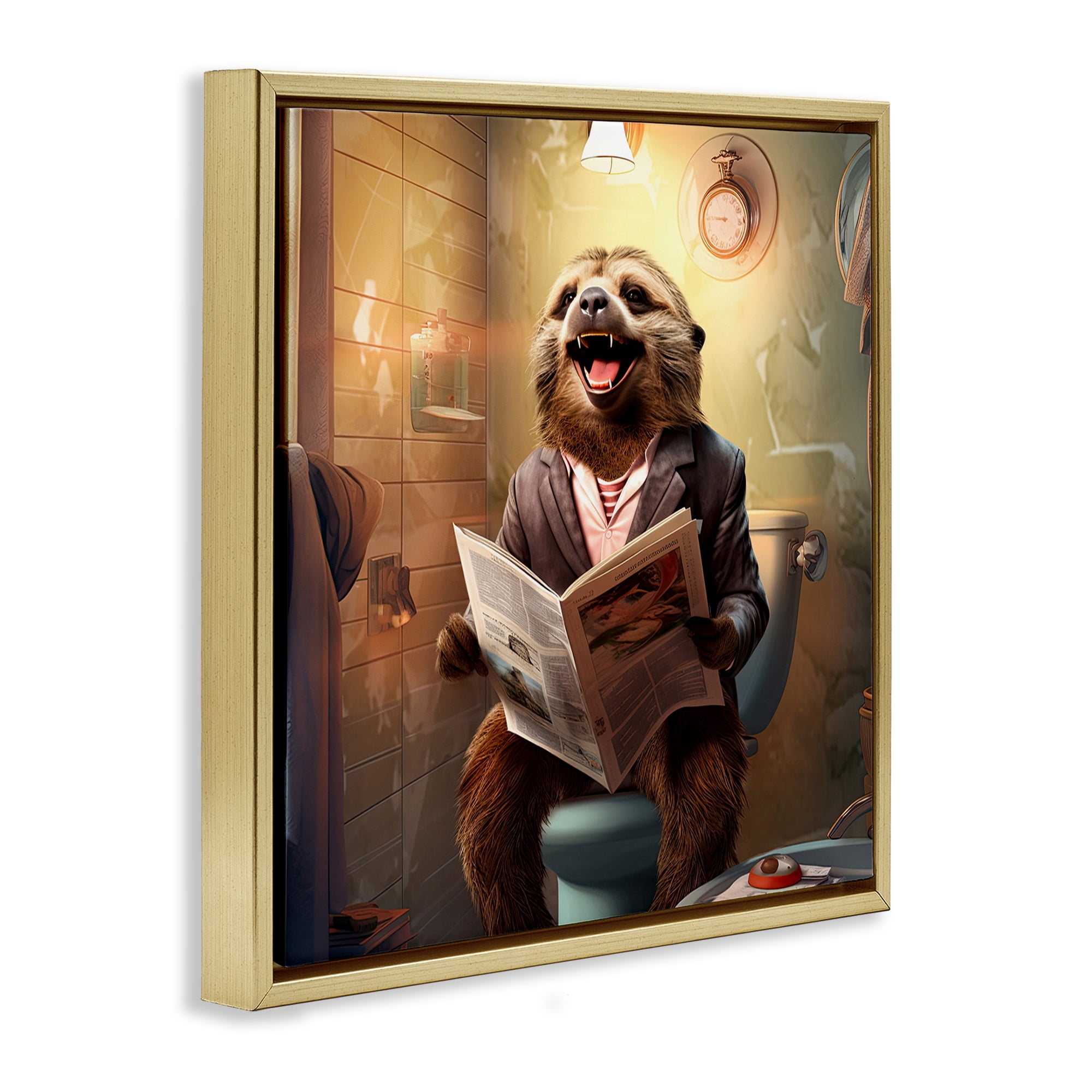 Stupell Industries Smiling Sloth on Toilet Typography Painting Gold Floater Framed Canvas Art Print Wall Art, 18 x 18