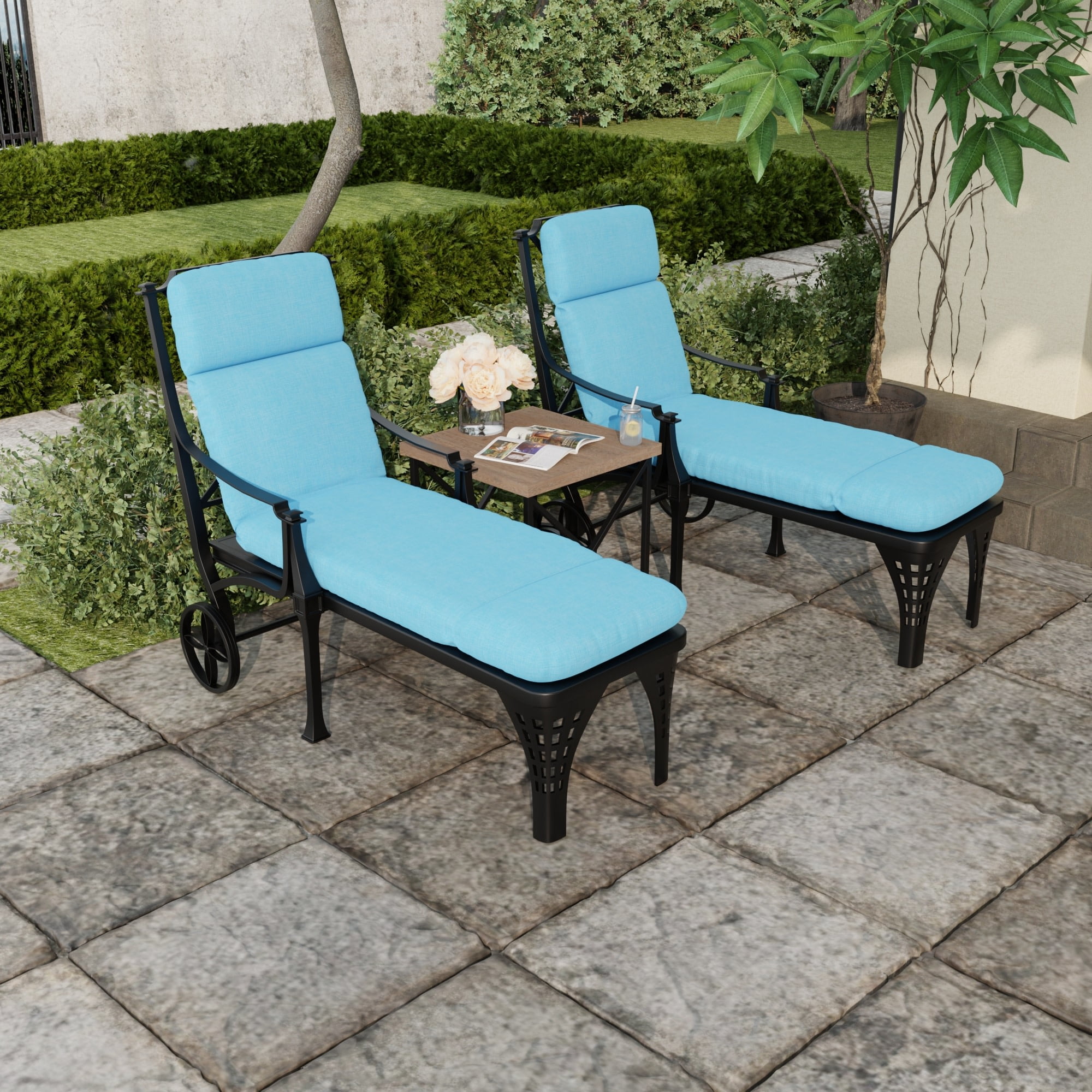 Jordan Manufacturing 74" x 22" Celosia Ice Blue Crosshatch Rectangular Outdoor Chaise Lounge Cushion with Ties and Hanger Loop