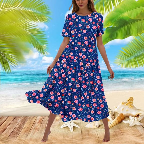Viikei Womens Summer Dresses Plus Size,Women's Printed Maxi Short Sleeve Dress,Women's Flower Printing Casual Short Sleeve Crewneck Dress Casual Flowy Tiered Maxi Beach Dress Navy S