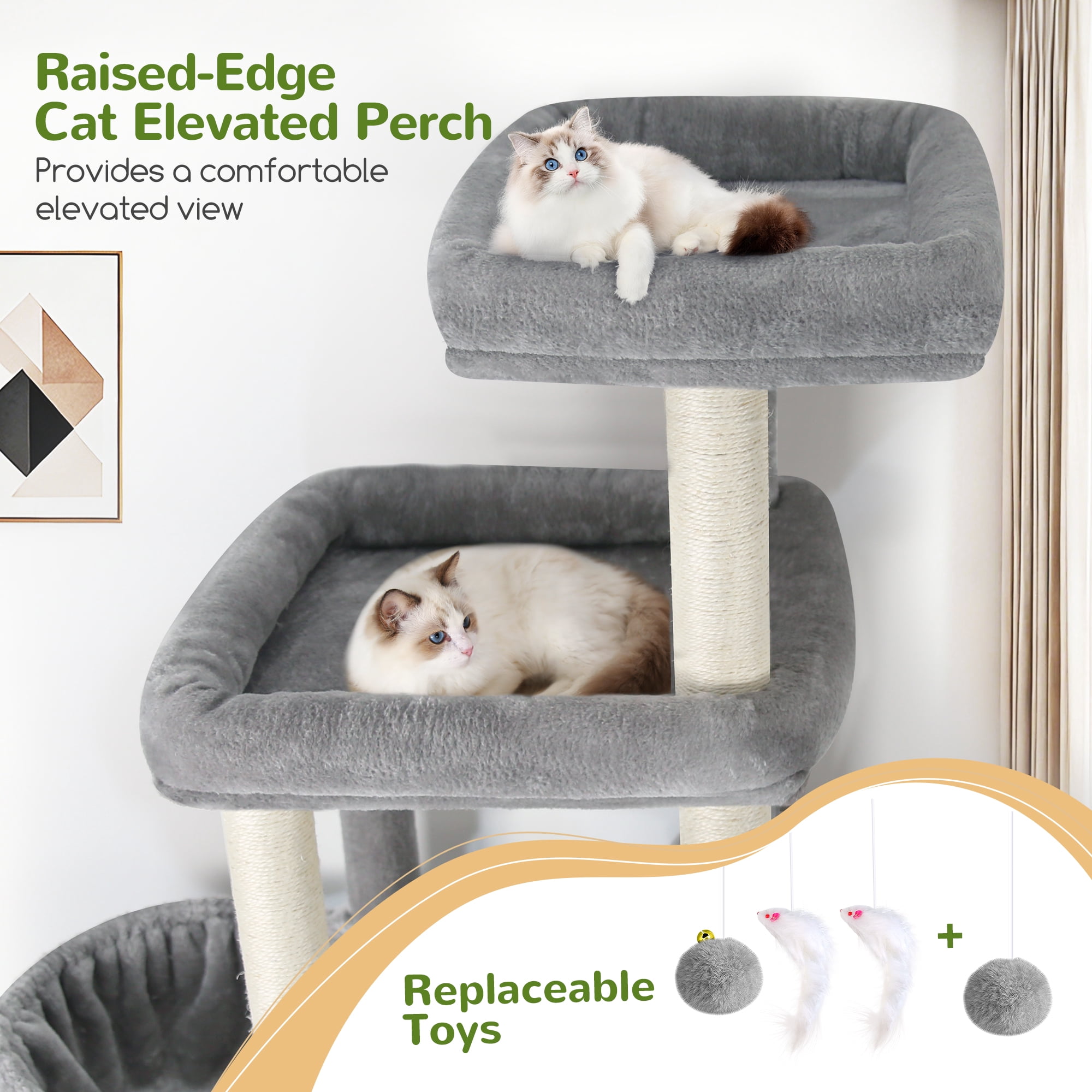 Globlazer Big Cat Tree Tower，85in Multi-Level Tall Cat Tree Tower Indoor for Multiple Adult Cats with Scratching Post, 3 Perches, 3 Condos, 2 Hanging Basket, S85,Light Gray