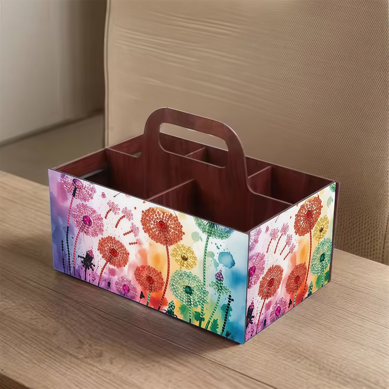 FLOPESN DIY Dandelion Diamond Art Painting 5 compartments Wooden Storage Box, 9.44*8.14in, Practical Rectangular Assembly Portable Multi-Grid Box