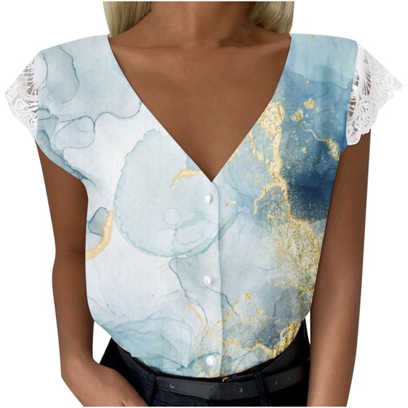 Lilgiuy Women Causal Lace Stitching Floral Printing Short Sleeve Buttons V-Neck T-shirt Tops Blouse Cardigan(Blue,4) Fall Clothes for 2022 Spring Winter