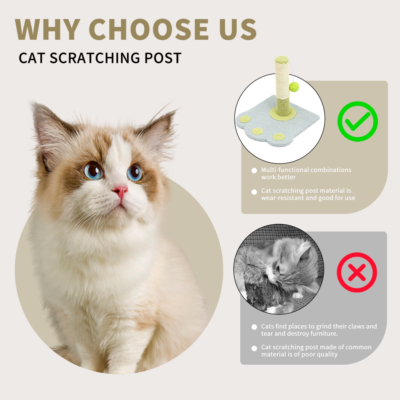 Wear-Resistant Natural Sisal Cat Scratching Post with Cat Ball, Light Blue and Green Paw Print