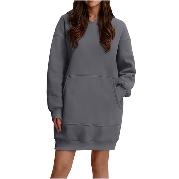 cfhntfmh Women Hoodies Dress Casual Long Sleeve Solid Color Tunic Dress Oversized Sweatshirts Dress with Pockets