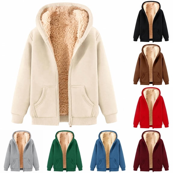 Trendfront Womens Sherpa Lined Zip Up Hoodie Long Sleeve Drawstring Kangaroo Pockets Cozy Casual Hooded Sweatshirts