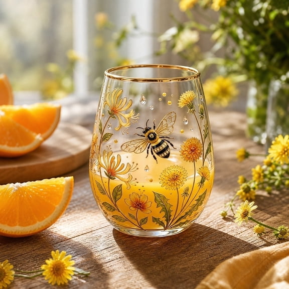 Edition Golden Bloom Bee Floral Glass Tumbler, Gold Rim Clear Glass Cup for Tea Coffee Iced Drinks, Nature Bee Wild Flower Decor Gift for Mom Friends Garden Lovers