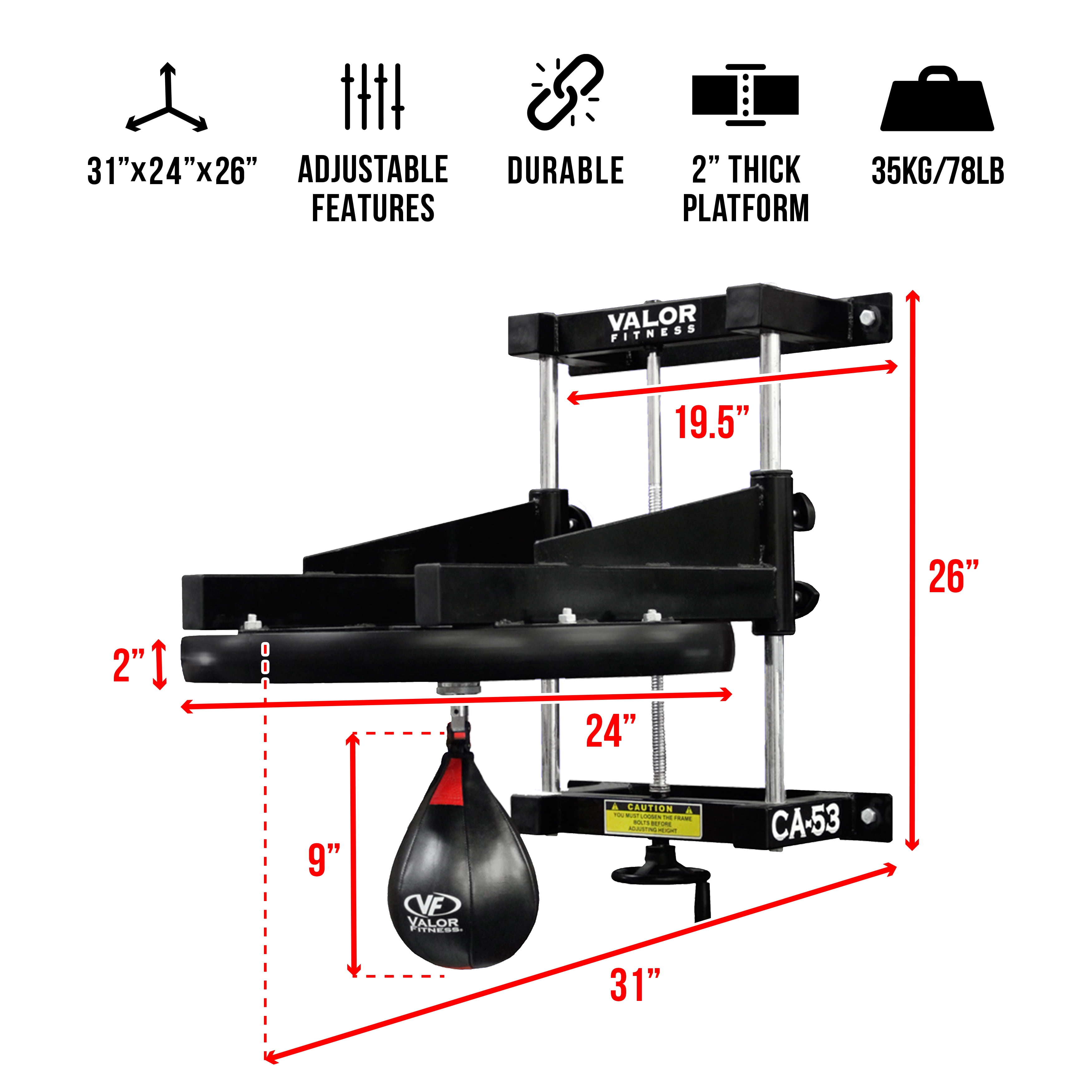 Valor Fitness Heavy Duty Adjustable 2” Boxing Speed Bag Platform with Wheel Crank for Easy Adjustment, Speed Bag Included CA-53