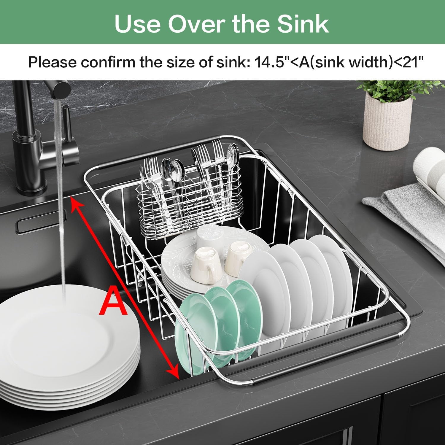 Small Dish Drainer Rack in Sink Adjustable, Expandable Stainless Steel Metal Dish Drying Rack Organizer with Stainless Steel Utensil Holder Over Inside Sink Counter, Rustproof(for 1-2 People)