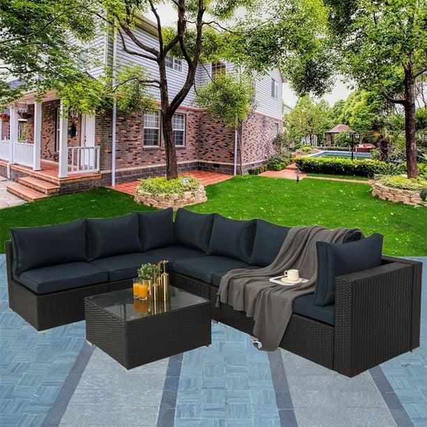 Segmart Sectional Patio Set 7 Piece Outdoor Sofa With Table Black Cushions 2 Pillows Heavy Duty Wicker Furniture For Backyard Garden H2079 Com Piece Outdoor Patio Sofa Set, Heavy Duty Outdoor Furniture Sets