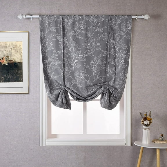 DriftAway Ryan Sketch Floral Branch Leaves Blackout Lined Tie Up Adjustable Balloon Rod Pocket Curtain for Small Window, 45" x 63" Gray
