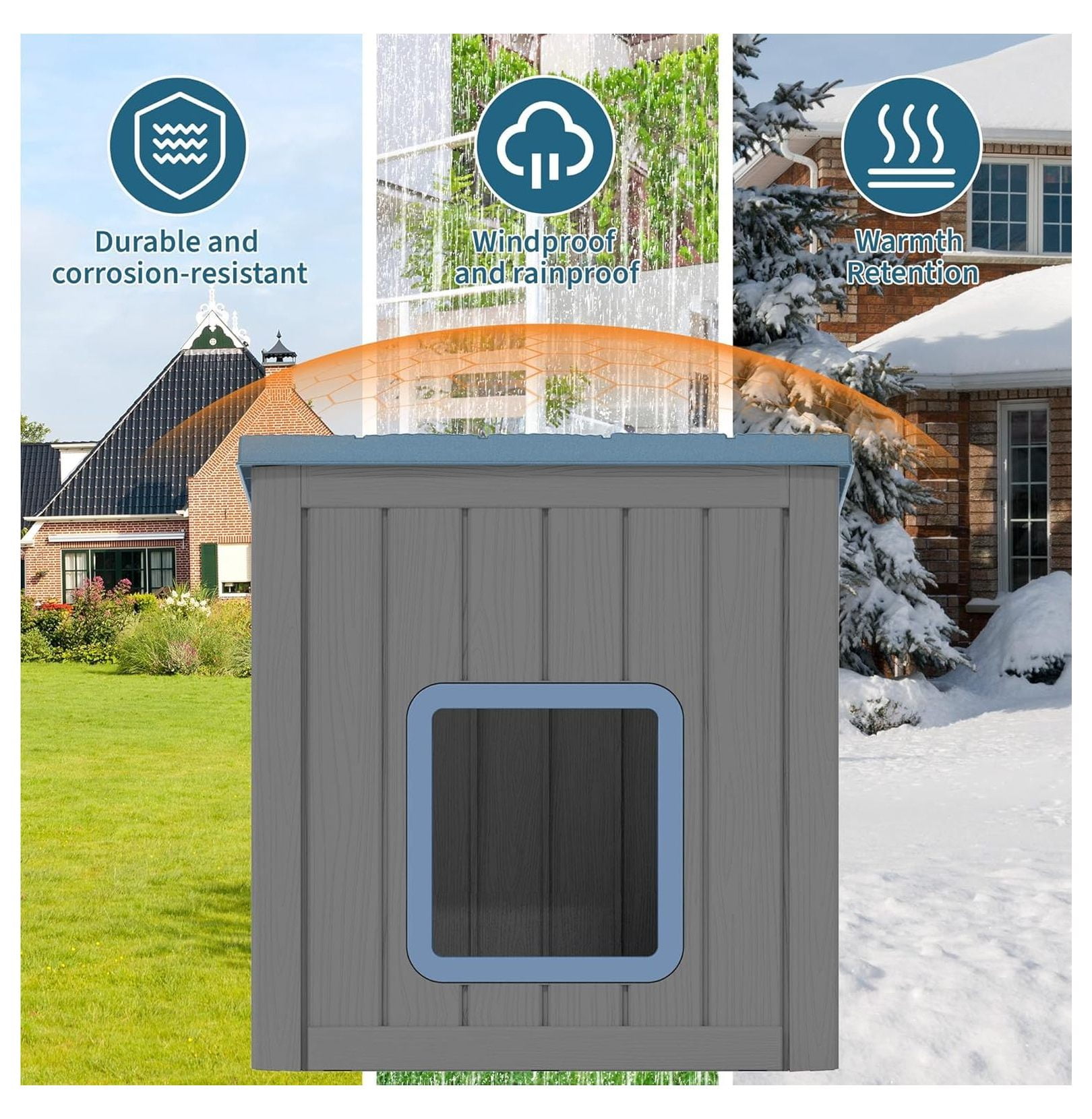 Outdoor Cat House – Weatherproof PP Shelter, UV Resistant, Sloped Roof Cat Condo for Garden & Patio (Blue, Large)