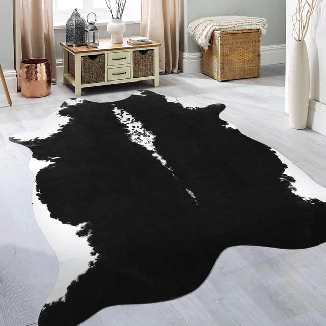 Alfombra de piel de vaca BENRON Premium, terciopelo de cristal negro, 160 x 190 cm