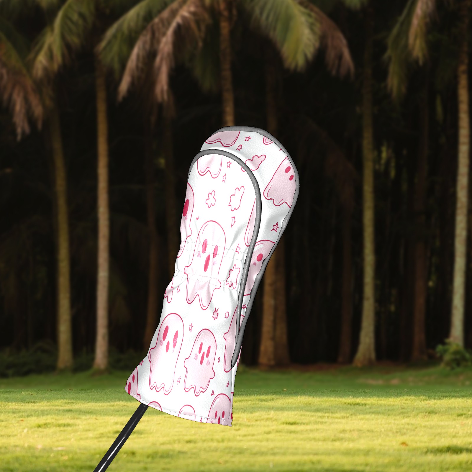 Golf Club Covers, LightPink Cartoon Ghosts Premium PU Leather Driver Hybrid Putter Head Covers with Velvet Lining, Waterproof Golf Gifts for Men Women