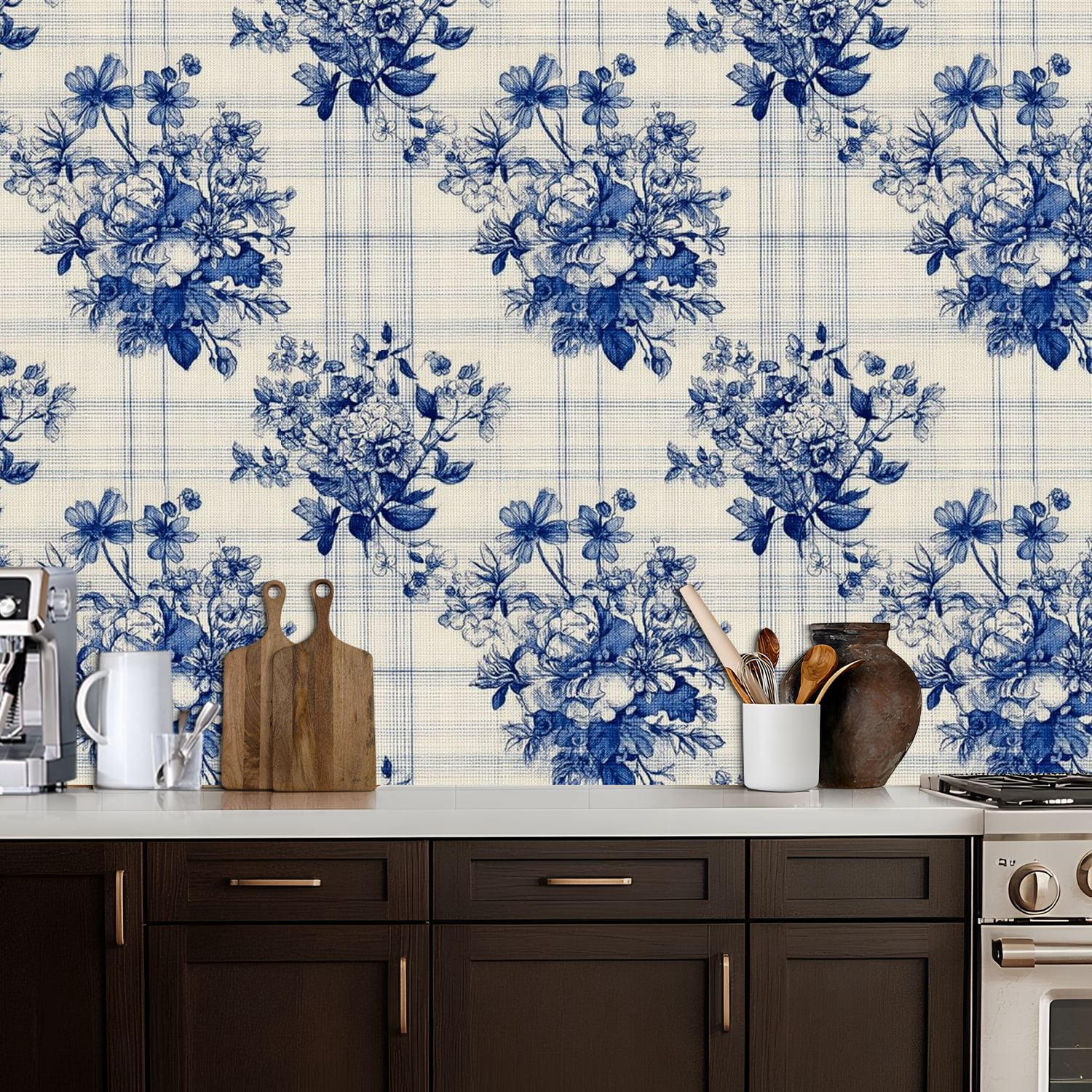 Farmhouse Peel and Stick Wallpaper 17.7in x 9.8ft Blue Floral Roses Wildflowers Contact Paper Vinyl Self-Adhesive Removable Wall Paper for Bedroom Kitchen Cabinet Renter Friendly