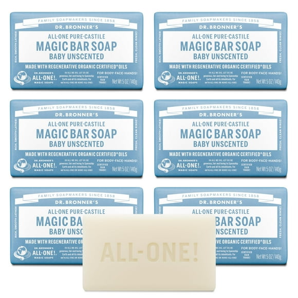 Jab�n de Castilla puro Dr. Bronner's (sin perfume para beb�s, 140 g, paquete de 6) - Hecho con aceites org�nicos, para rostro, cue