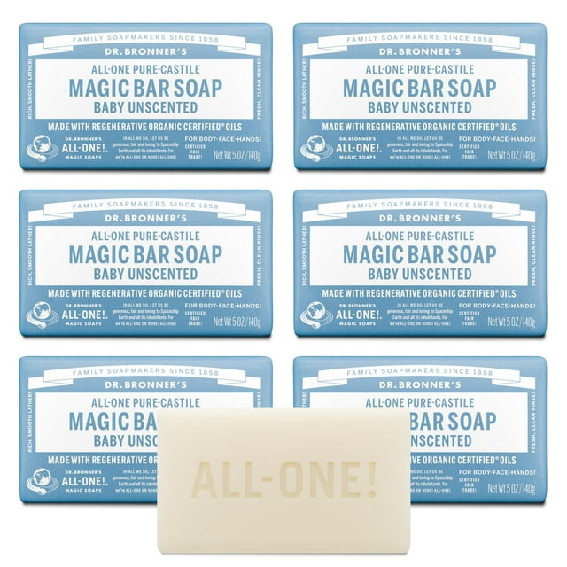 Jab�n de Castilla puro Dr. Bronner's (sin perfume para beb�s, 140 g, paquete de 6) - Hecho con aceites org�nicos, para rostro, cue
