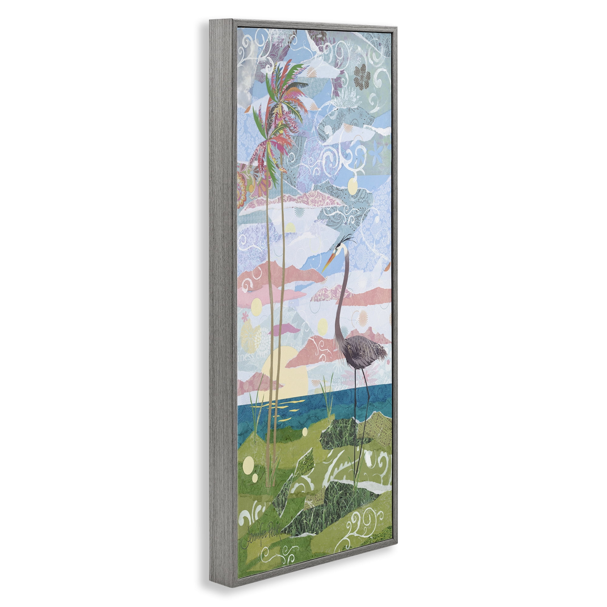Stupell Industries Crane & Swirled Landscape Landscape Painting Gray Framed Art Print Wall Art, 13 x 30