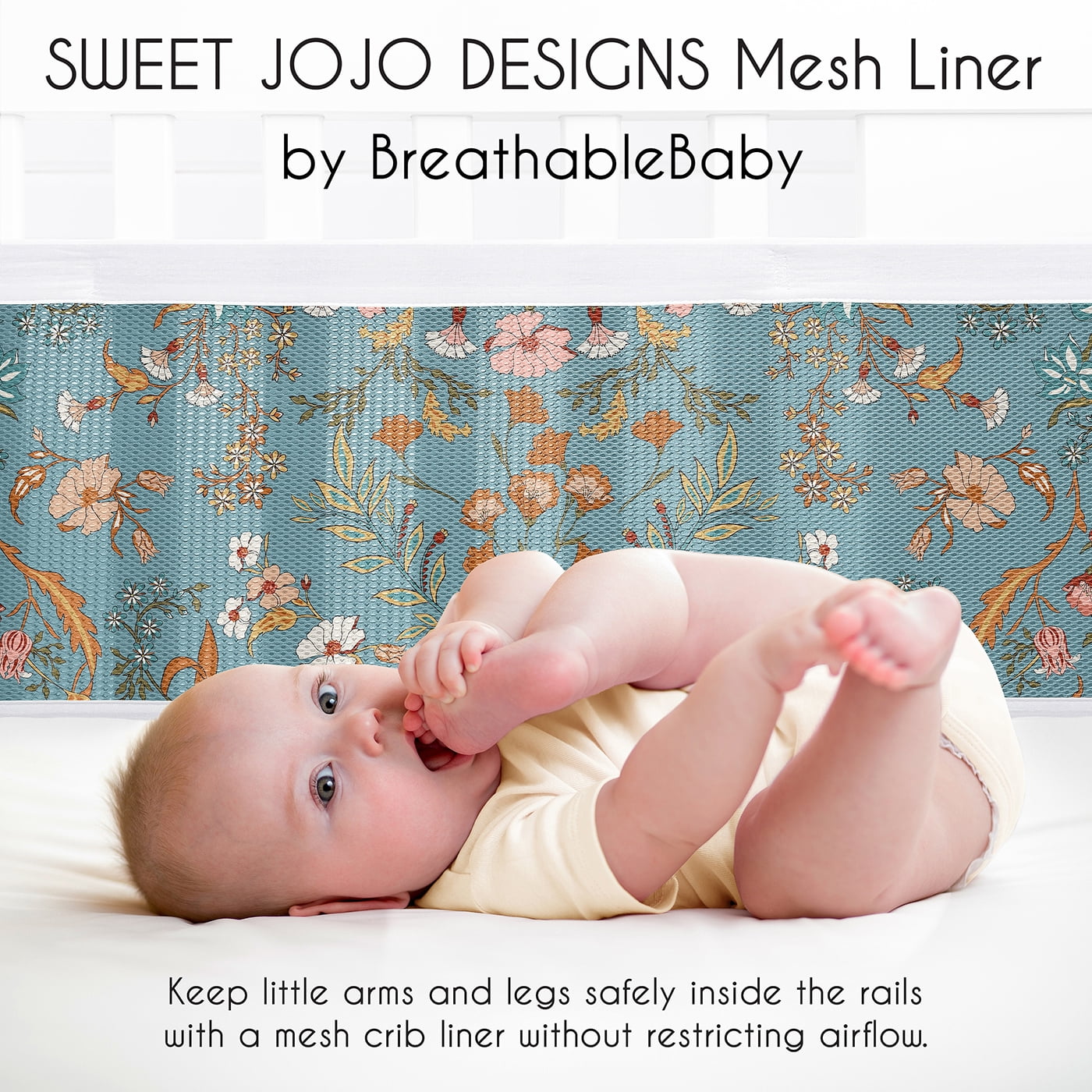 Sweet Jojo Designs + BreathableBaby Boho Floral Wildflower Blue and Orange Girl Breathable Mesh Crib Liner