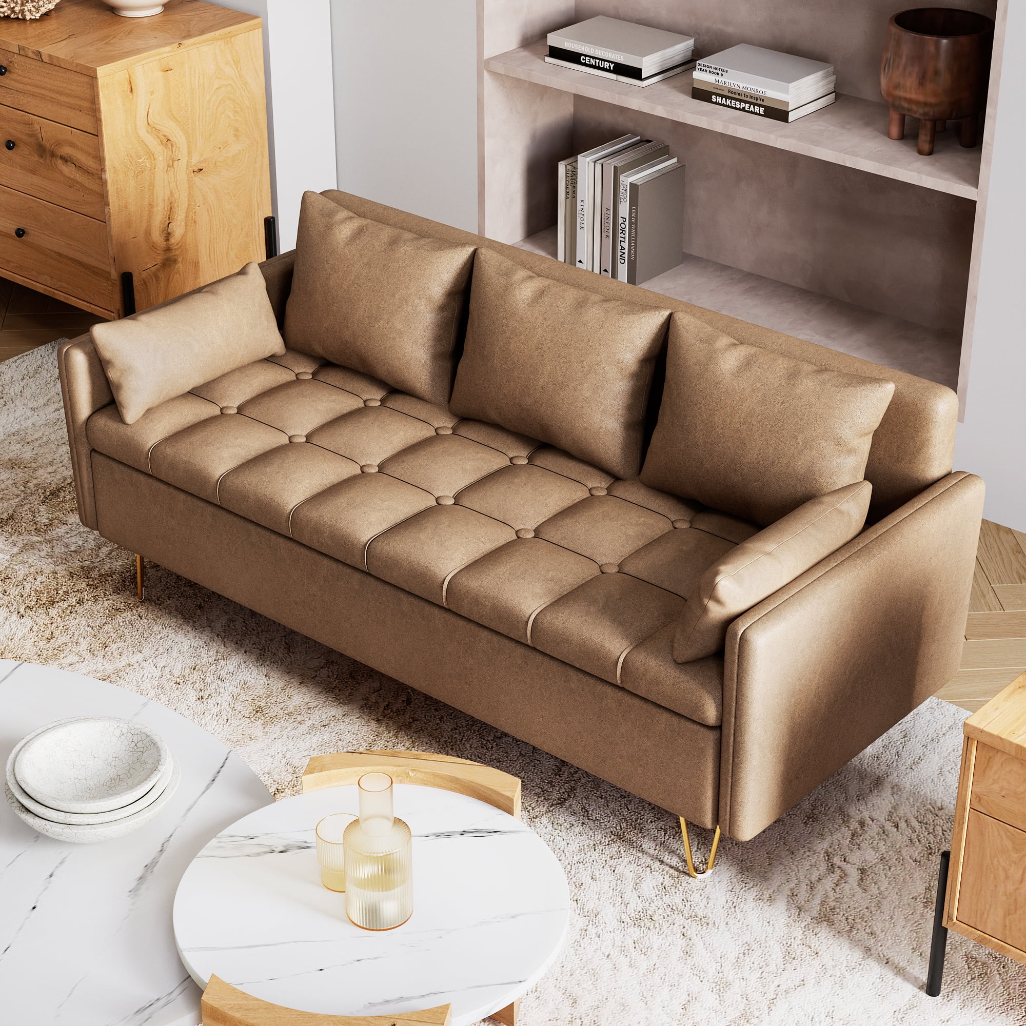 Leeten 3 Seats Sofa with 5 Pillows Set for Living Room, Lift-Up Faux