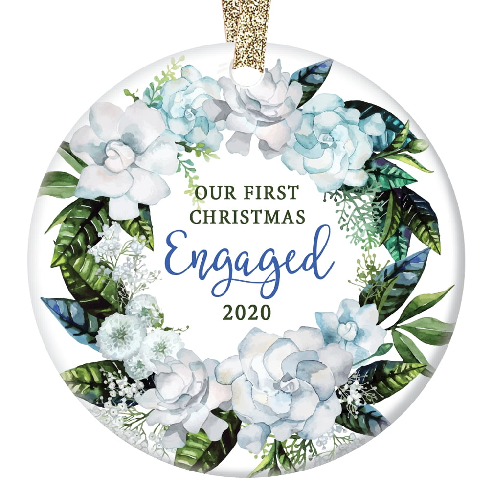 Our First Christmas Engaged Ornament 2020, Floral Wreath Engagement