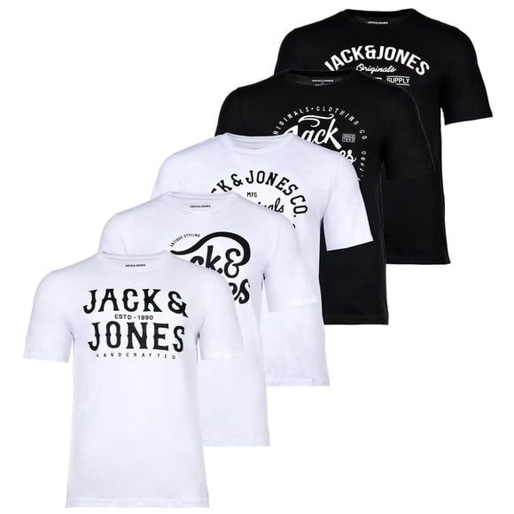 JACK&JONES Camiseta hombre, pack de 5 - JJLEOGRA TEE CREW NECK, manga corta, cuello redondo, algodón, logo estampado Blanco/Negro L (Large)