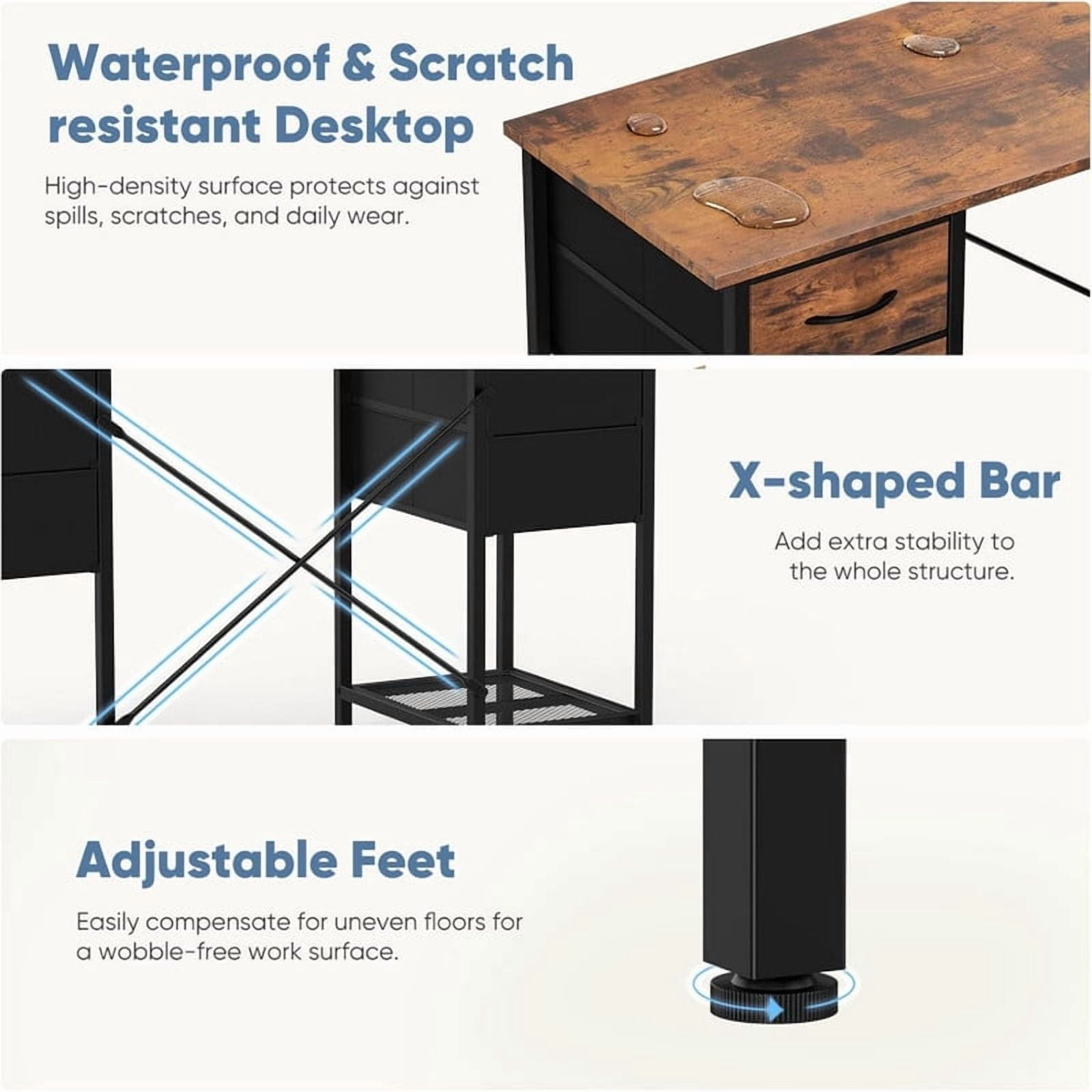 Kelno 55 Inch Computer Desk with 4 Fabric Drawer Storage Shelf Gaming Writing Table, Rustic Brown