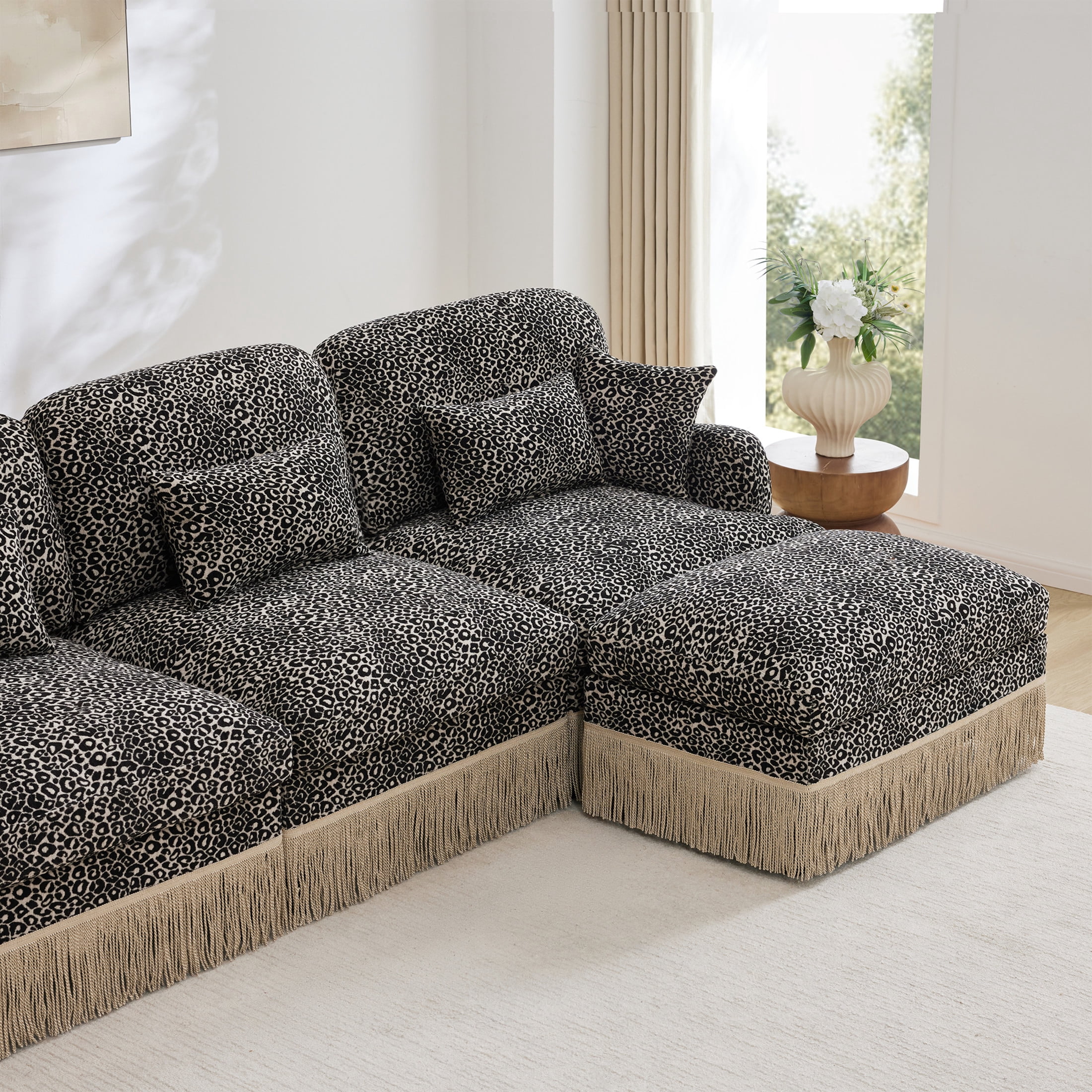 Noble House Carola Leopard Print Chenille 4-Seater Sofa, Modular Sectional Couch with 2 Ottomans and Tassel Trim, Khaki