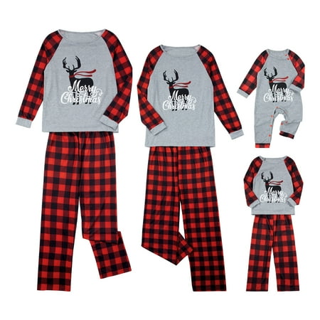 

Christmas Family Matching Pajamas Letter Print Long-Sleeve Tops with Plaid Pants Suit for Father Mother Kids Baby