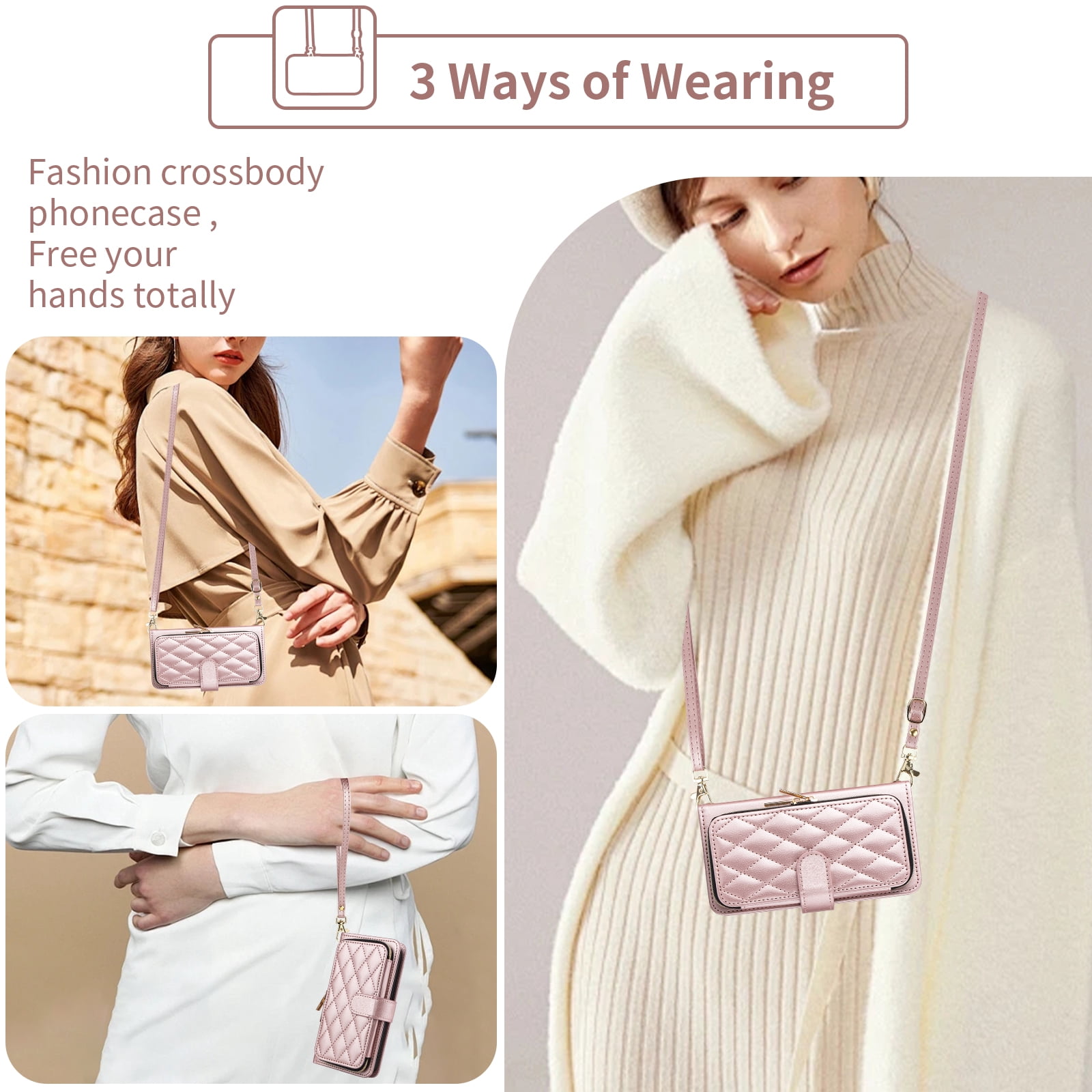 Furiet Argyle Wallet Case for T-Mobile Revvl V 4G with Wrist/Shoulder Strap, Card Slots Flip Zipper Purse Stand Cell Phone Cover for Tmobile T Mobile TMRVL4G LTE 2021 6.52" Women Girls Rose Gold