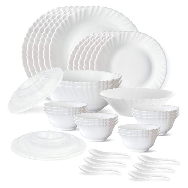 Juego De Vajilla Borosil Gourmet Para 6, 35 Piezas, Juegos De Platos Y Tazones Blancos, Resistente A Astillas, Vidrio Opalino Templado, Resistente A Las Manchas, Apto Para Lavavajillas Y Microondas, P
