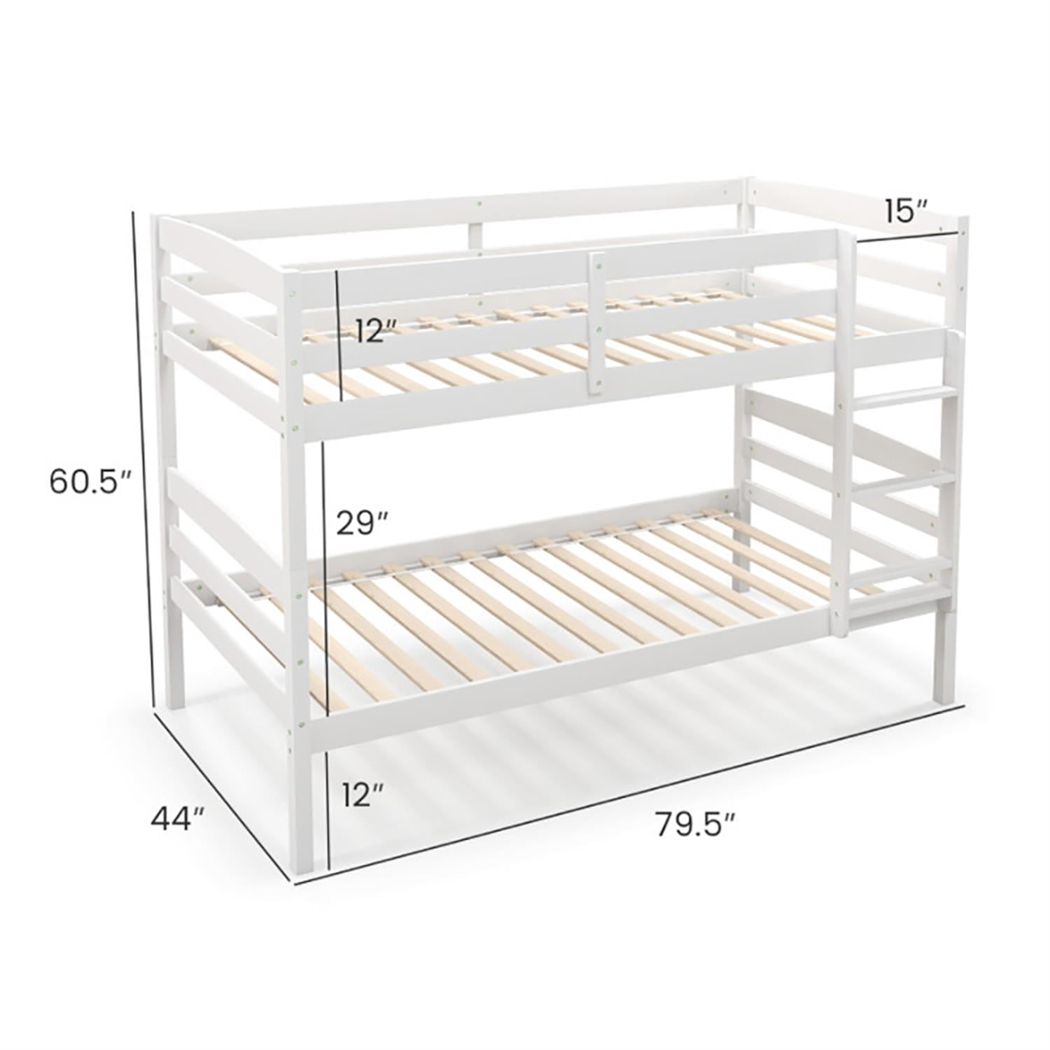 Demi Bonn Solid Wood Twin Over Twin Bunk Bed with High Guardrails and Integrated Ladder, Twin Bunk Beds, Bed Frame, White