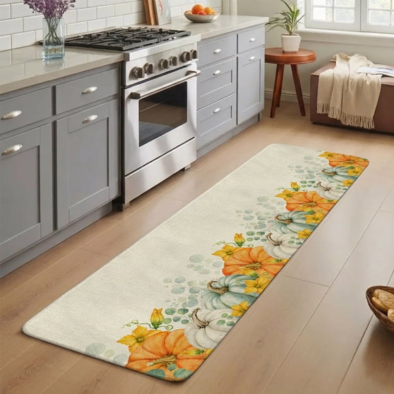 Entryway Runner Rug 19.7''x63'',Fall Thanksgiving Indoor Outdoor Front Door Mat with Non-Slip Rubber,Eucalyptus Leaves Floral Linen Rustic Runner Doormat for Hallway Kitchen Back Door Entrance