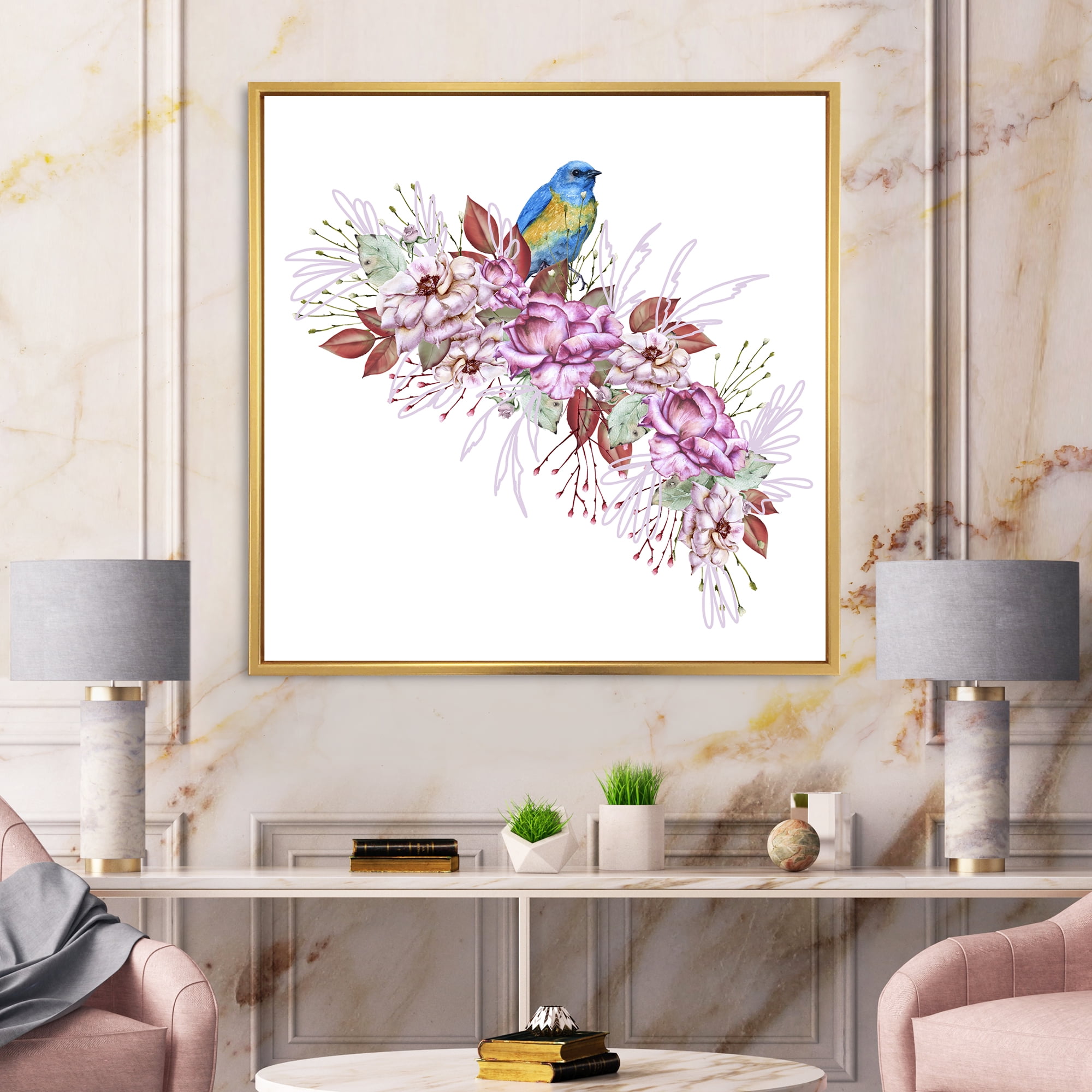 Designart 'Little Blue Bird Sitting On Colorful Boquet of Flowers' Traditional Framed Canvas Wall Art Print
