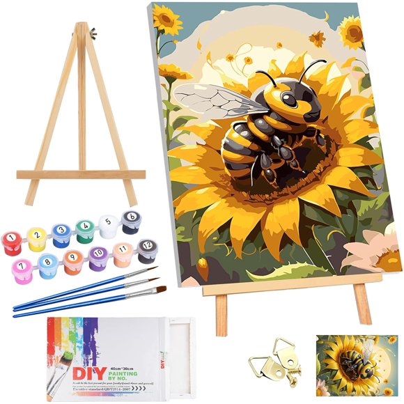 shiyou-Bee & Sunflower Paint by Numbers Adult Kit with Frame-Paint by Number with Wooden Easel, DIY Bee Oil Painting Kit for Beginners, Hobbies and Home Wall Decor 30x40cm
