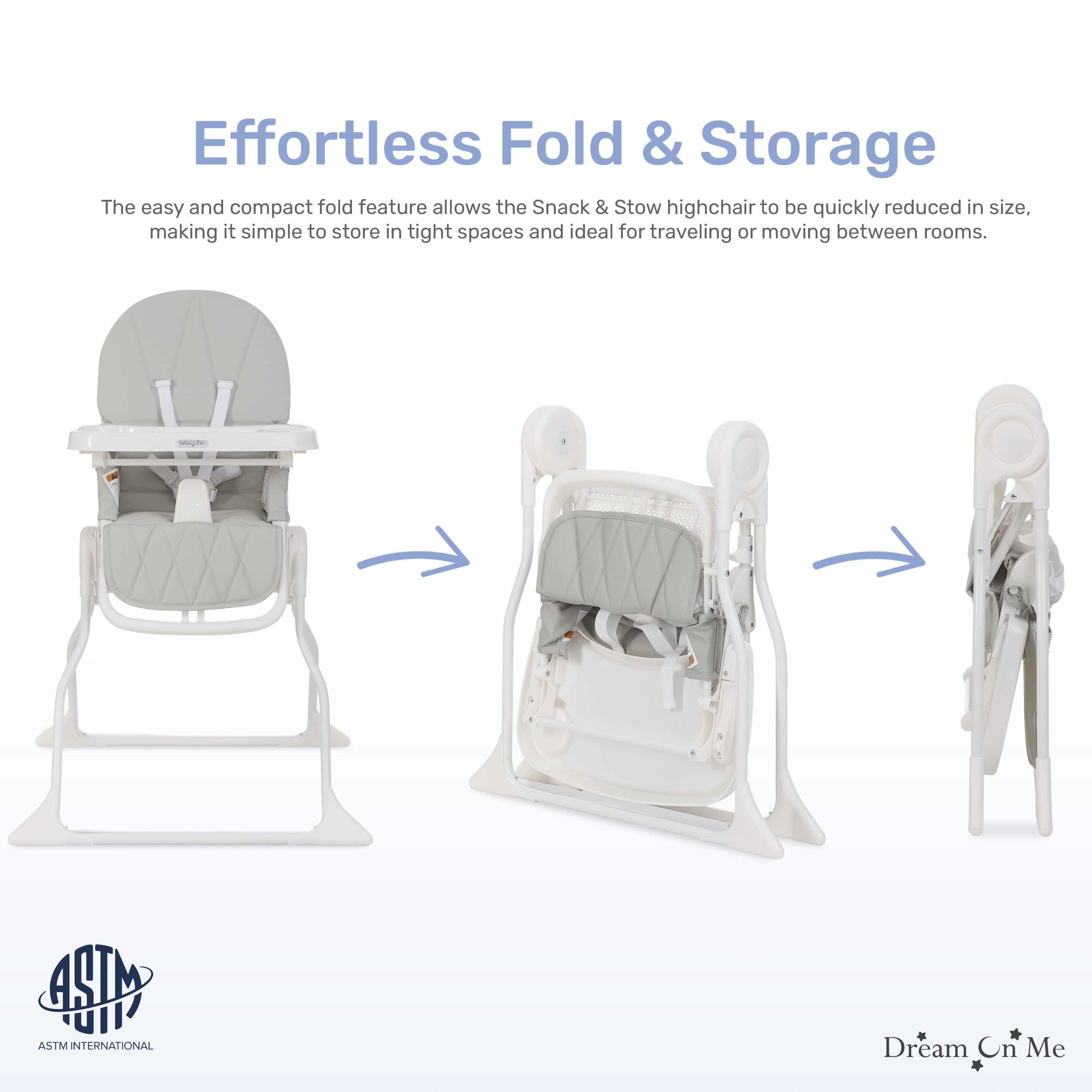 Dream On Me Snack and Stow Baby high Chair, Easy to fold and Store Travel high Chair, Removable and Three Position Adjustable Tray Portable high Chair, Koala Gray