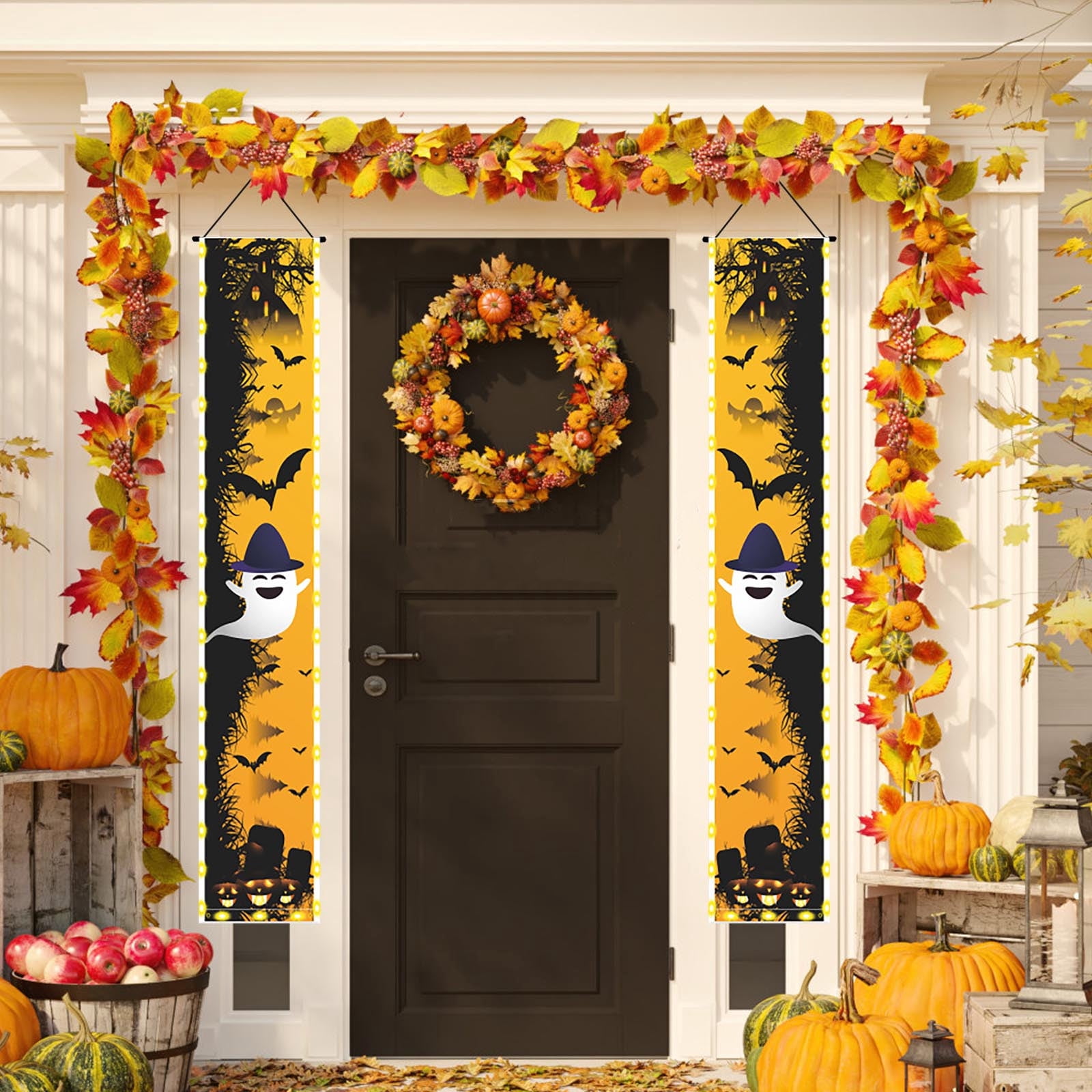 Décoration Halloween - Bannière Couplets De Porte 180x30cm - Fantômes, Citrouilles - Polyester - Facile à Suspendre - 3