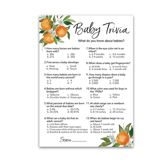 A Little Cutie Theme Baby Shower Game — BABY TRIVIA Game — Pack of 25 — Citrus Orange Baby Shower Games, Fun Baby Facts Game Shower Activity, Gender Neutral Couples Shower Co-ed Shower G350-TRV