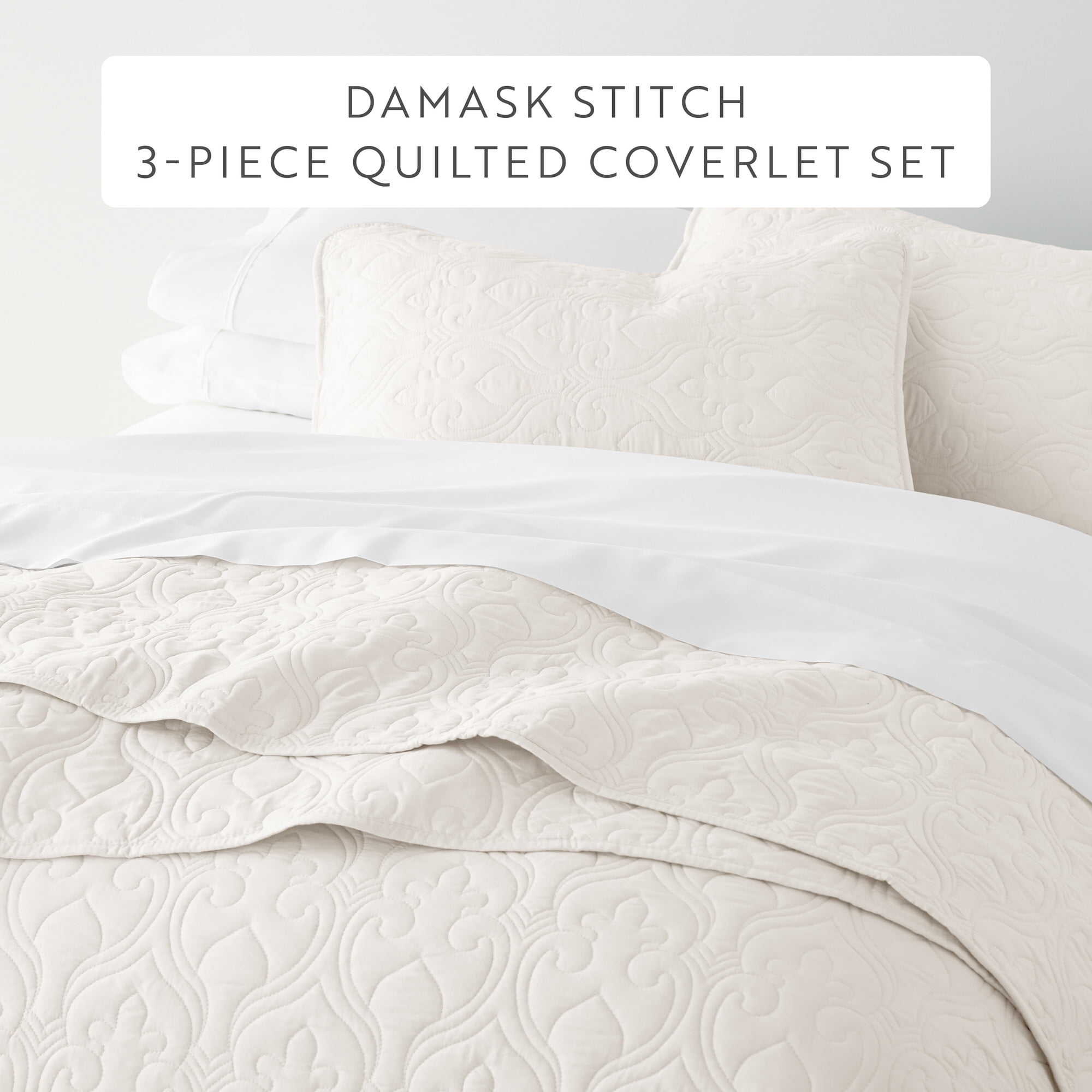 Noble Linens Ivory Damask Pattern Quilted Coverlet Set, King / CalKing