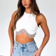 thumbnail image 1 of Tops recortados con borlas de diamantes de imitación para mujer, camisetas sexys ajustadas de cuello redondo sólido para mujer, camiseta elegante de manga larga, 1 of 4