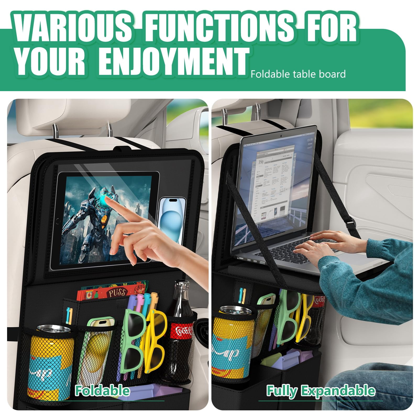 2-Pack Car Backseat Organizer with Table Tray,Supports up to 22 lb,9 Storage Pockets with Touch Screen Tablet Holder,Foldable Food Tray, Protective Kick Mats,Travel Accessories Organizer,Black