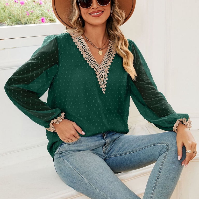 Top Femme Manches Longues En Dentelle Et Chiffon - Couleur Crimson, Taille S à 4XL, Occasion
