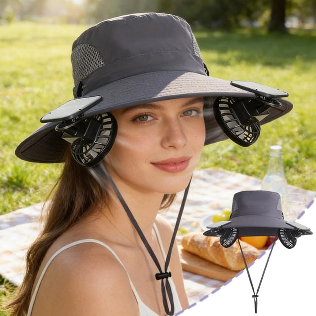 JZCHUNTOY Solar Fan Hat 1 Pack with 2 Detachable Fans, USB Rechargeable Long Battery Life Outdoor Sun Shade Cap, UV Protection Breathable Adjustable Cooling Hat for Hiking Camping Gardening