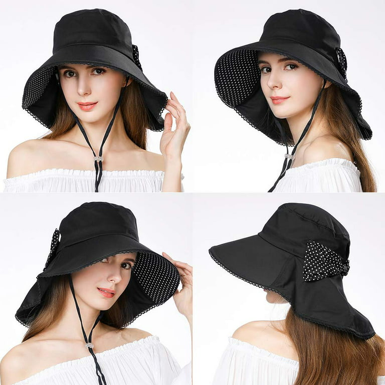 Comhats Sun Hat Women Packable UPF 50 Wide Brim with Neck Flap UV Cotton  Safari Gardening with String Black Large 59-61CM 