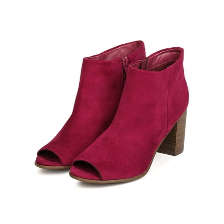 Berry Chutney - Breckelles Women Amber-31 Faux Suede Peep Toe Chunky Stacked Heel Bootie (6.5)